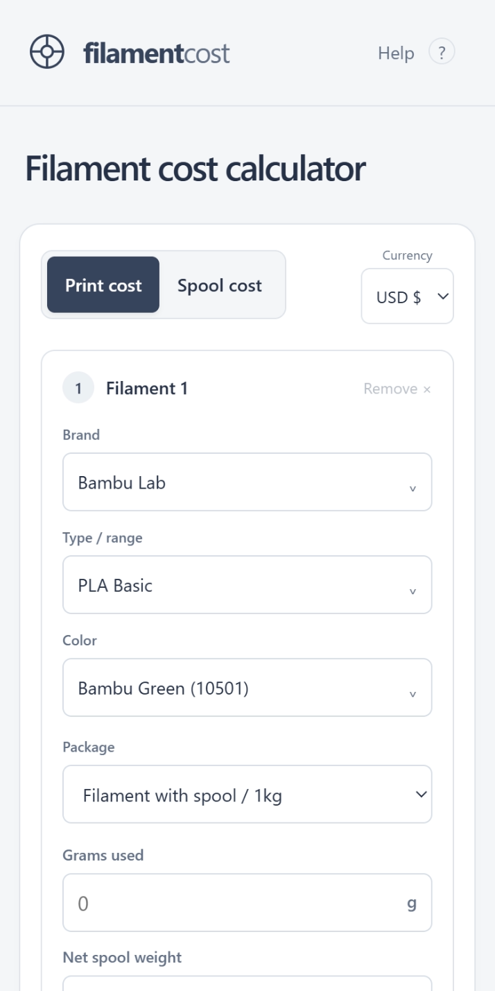 Filament Cost calculator mobile website preview